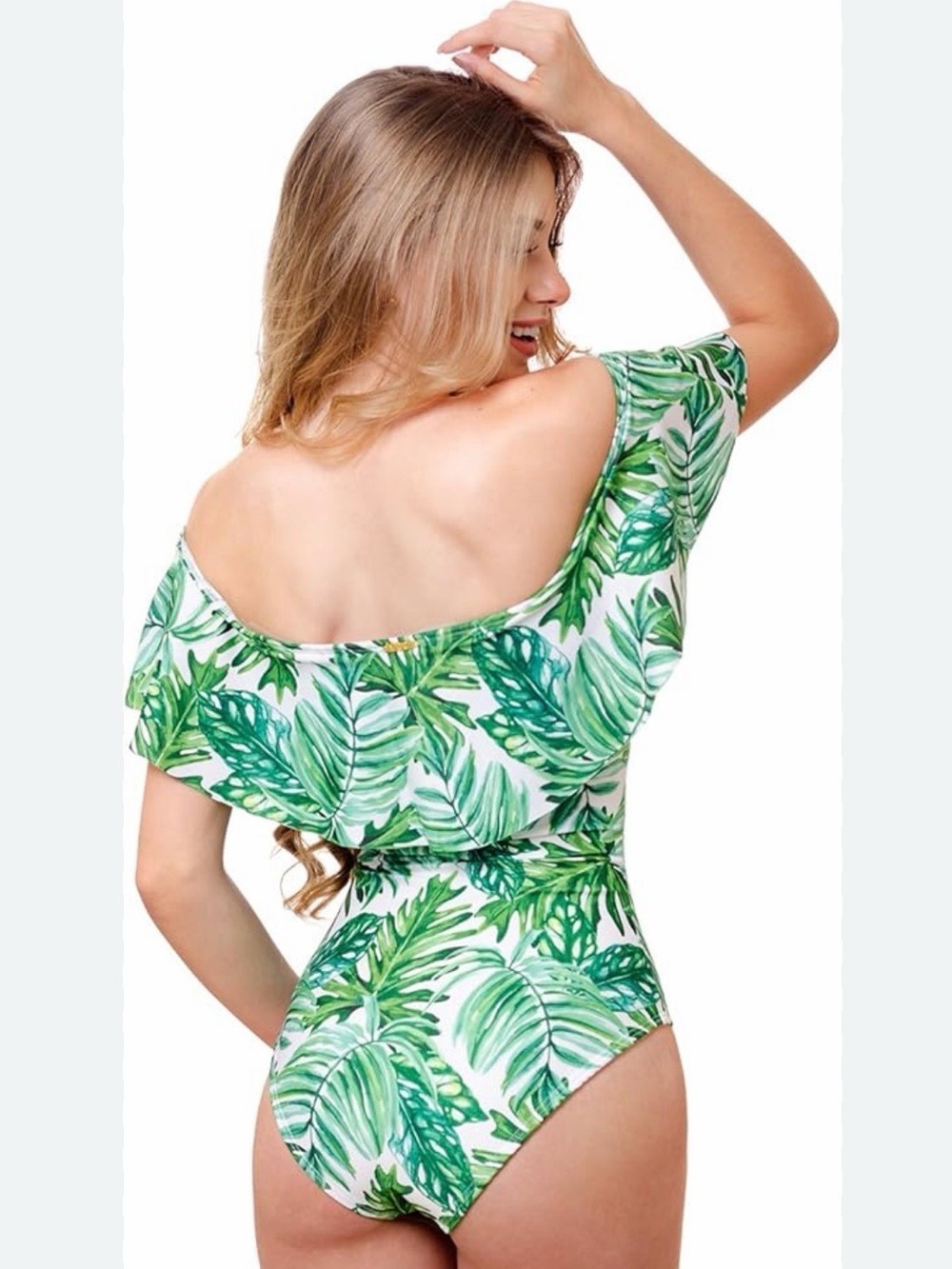 Women’s Green Tropical Off-Shoulder One Piece Swimsuit